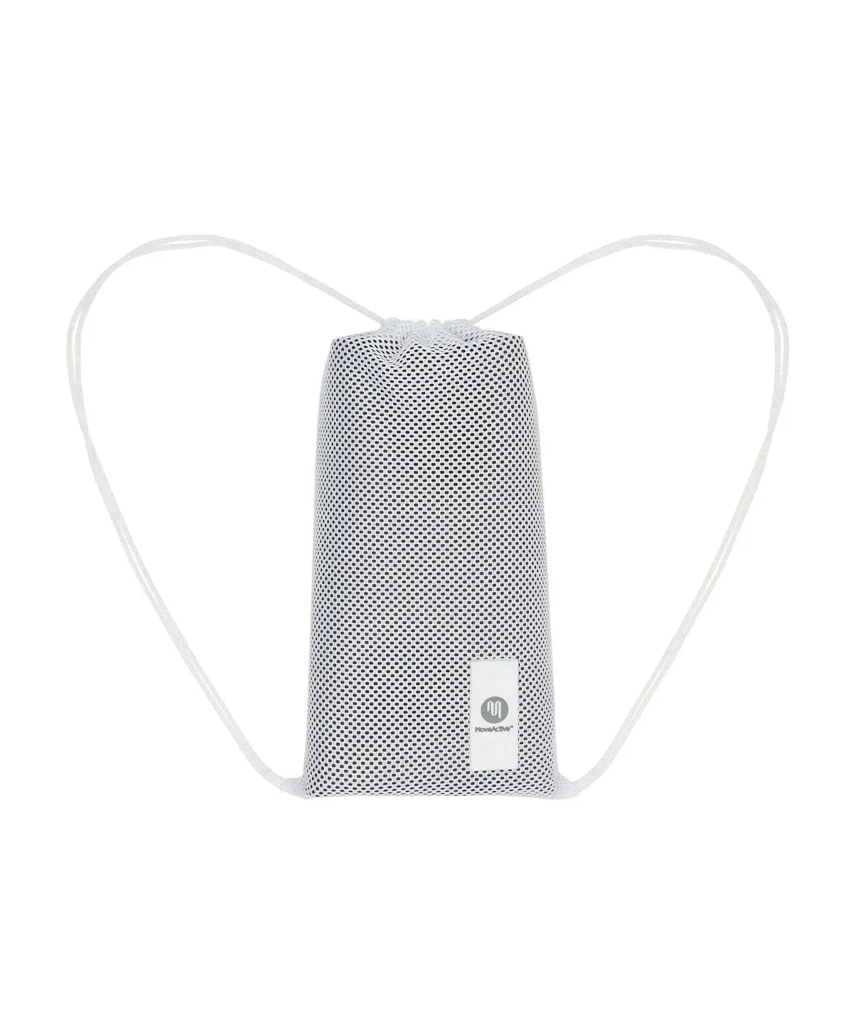 Image of a white mesh bag with two handles to be used as a backpack with a rolled up reformer pilates mat enclosed in the bag.