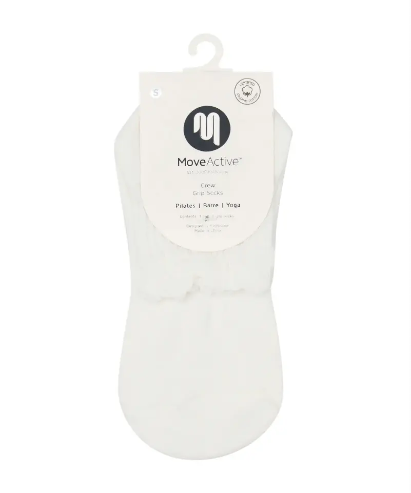 White quarter crew grip socks with ruffle in white sleeve packet with MoveActive logo.