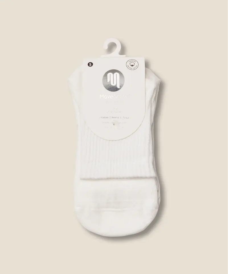 White MoveActive crew grip socks with white sleeve packet.
