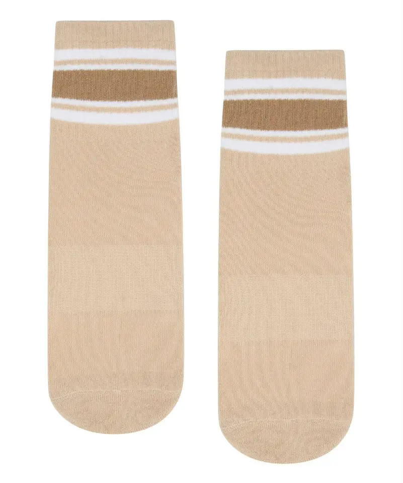 Pair of beige socks with white stripes.