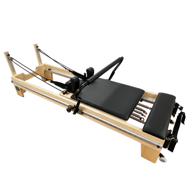 Light wooden clinical pilates reformer with adjustable steel track running the length of the machine. There are 5 colour coded springs.