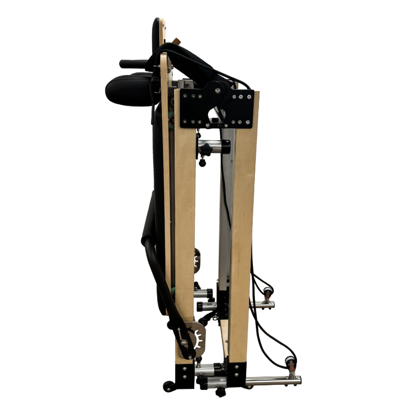 Side view of folded lightweight pilates reformer.