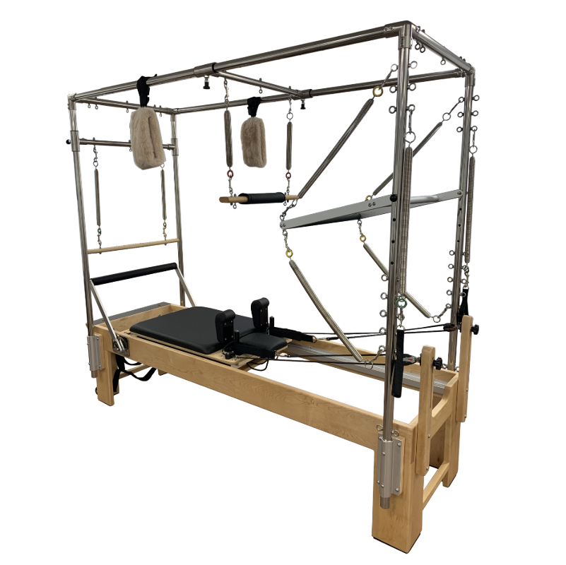 Pilates reformer with full trapeze attached.