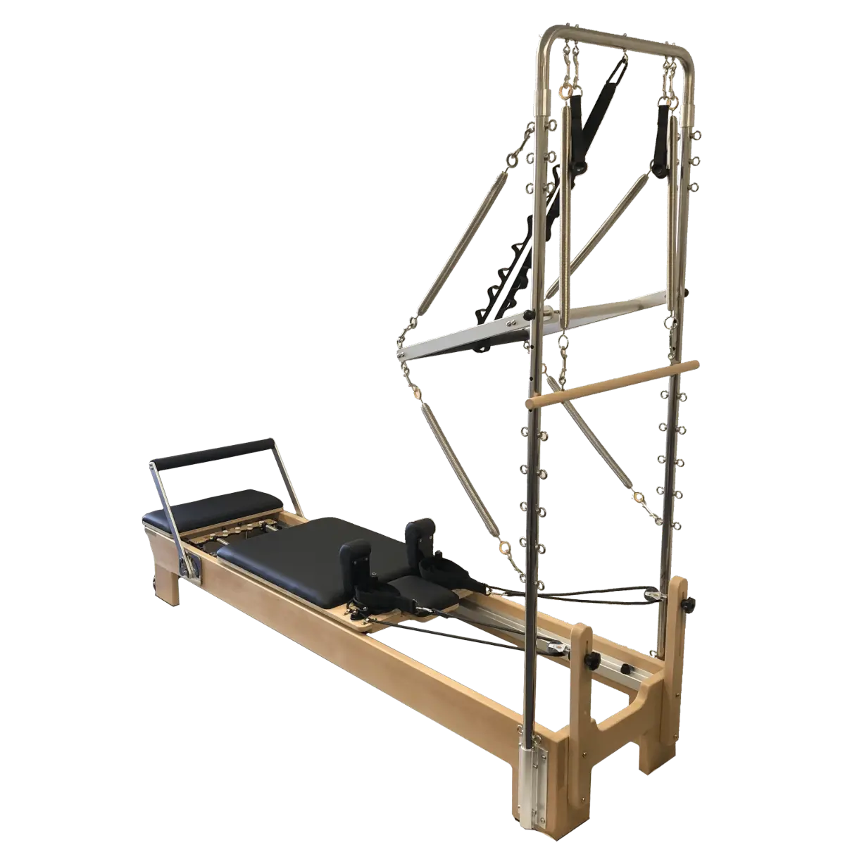 Wooden Reformer Pilates bed with stainless steel half trapeze attachment and black upholstery.