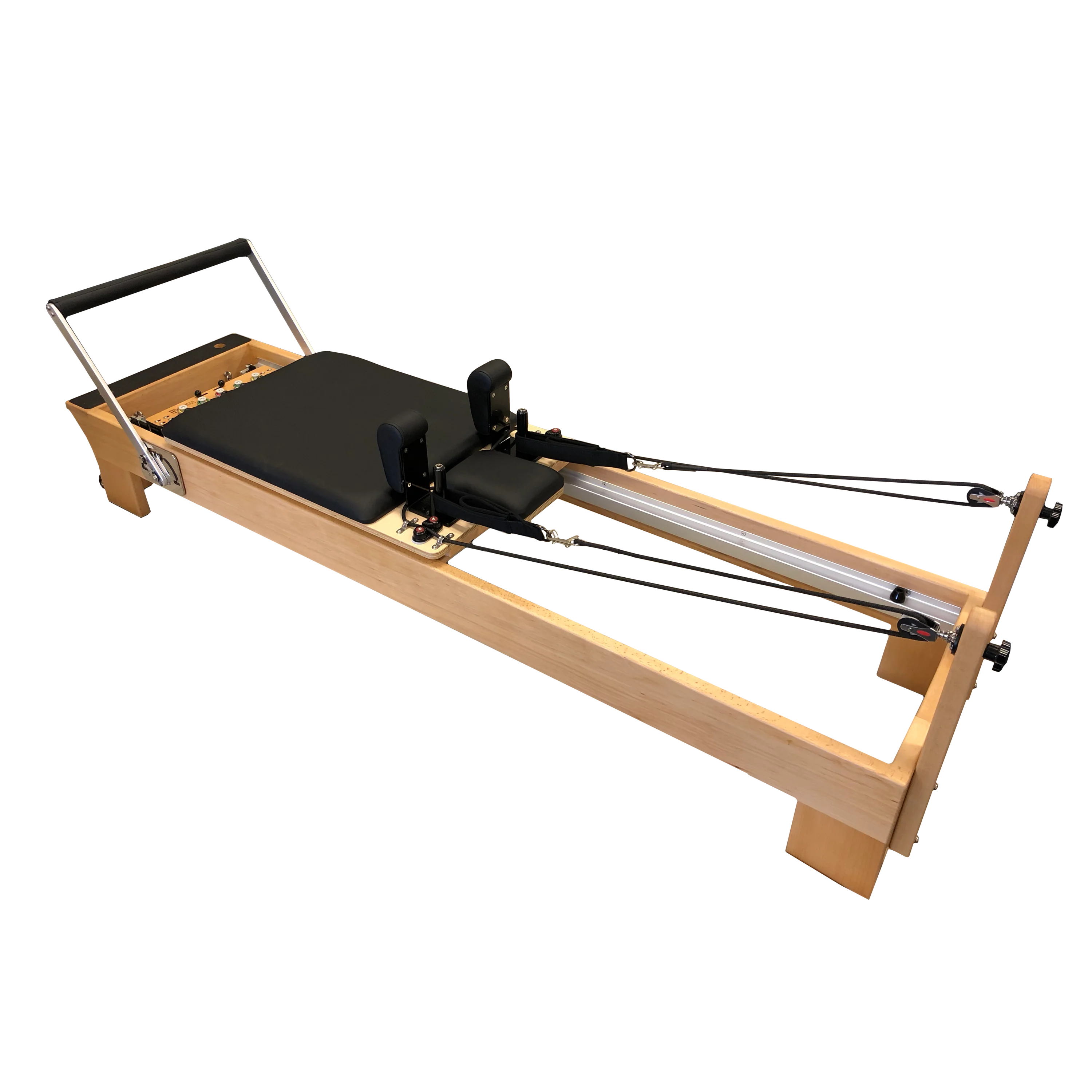 wooden pilates reformer with black upholstery and adjustable footbar,.