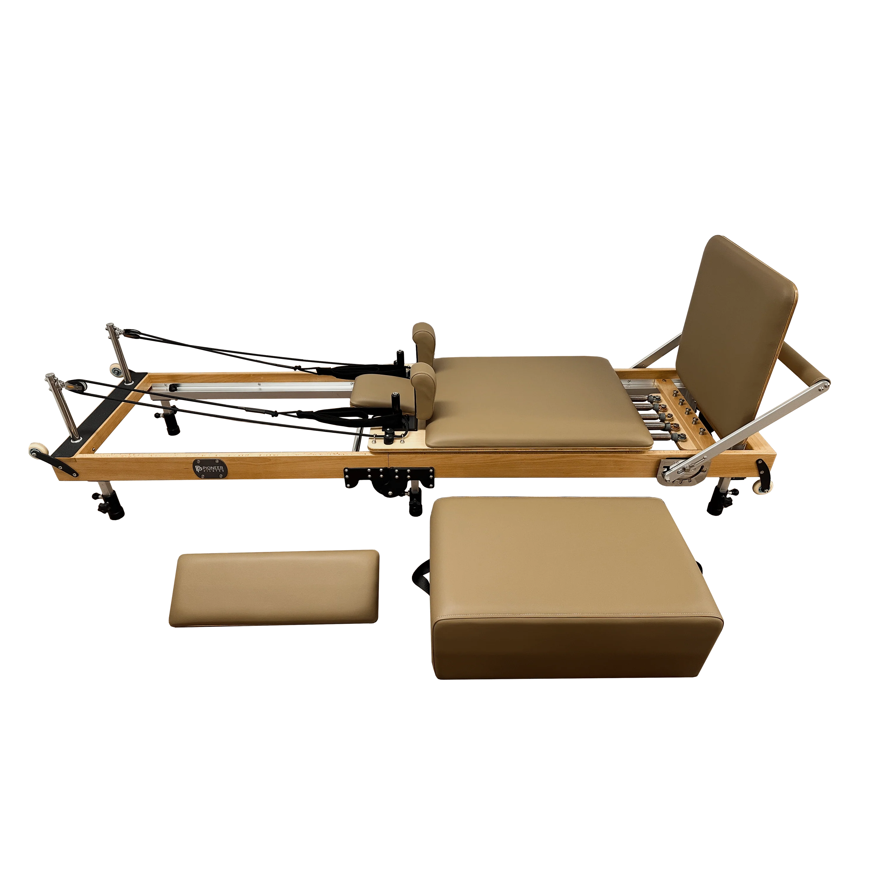 Foldable wooden Pilates reformer machine with sitting box and springboard in a light mocha brown colour.