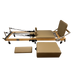 Foldable wooden Pilates reformer machine with sitting box and springboard in a light mocha brown colour.