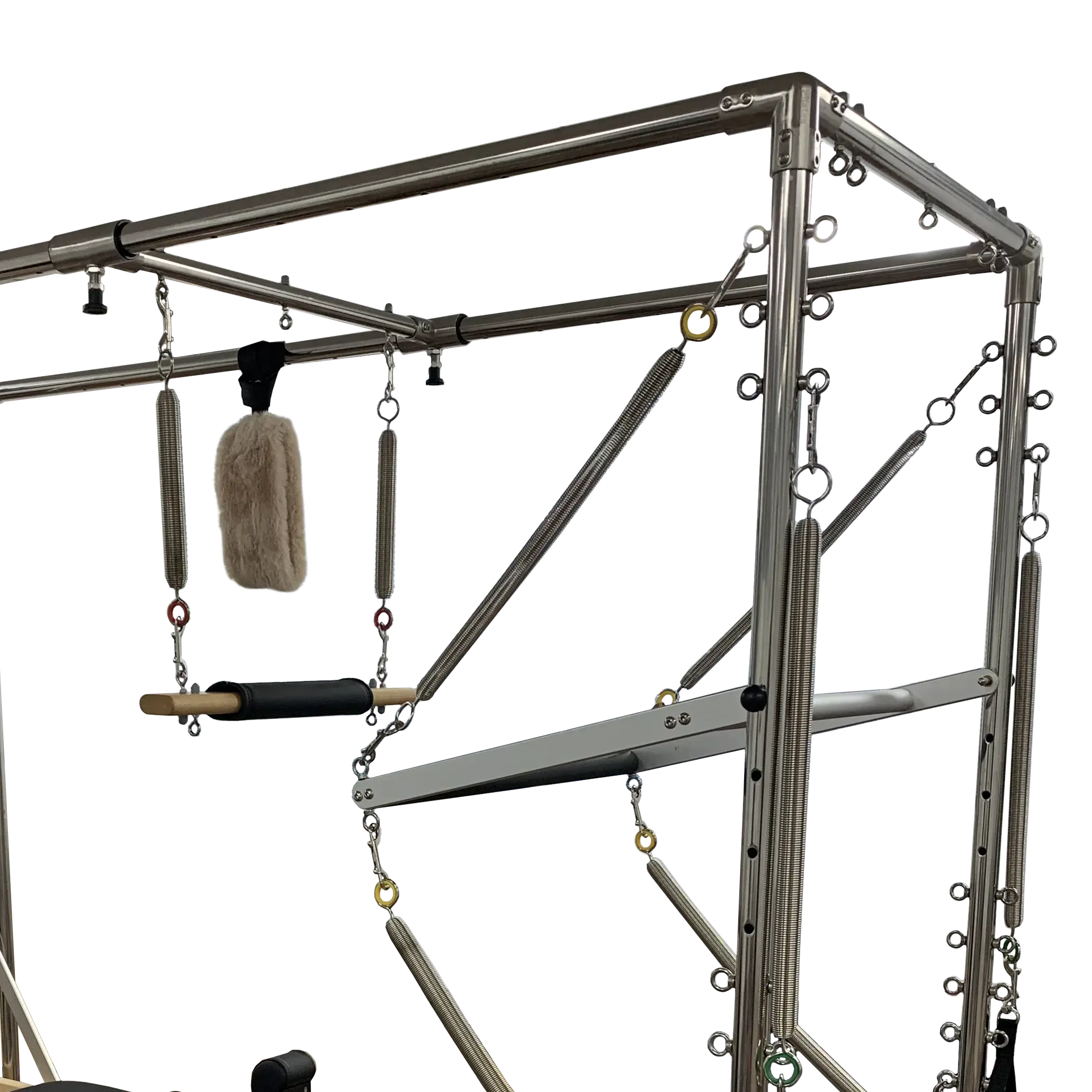 Close up of full trapeze attachment of cadillac table, showing springs and attachments.