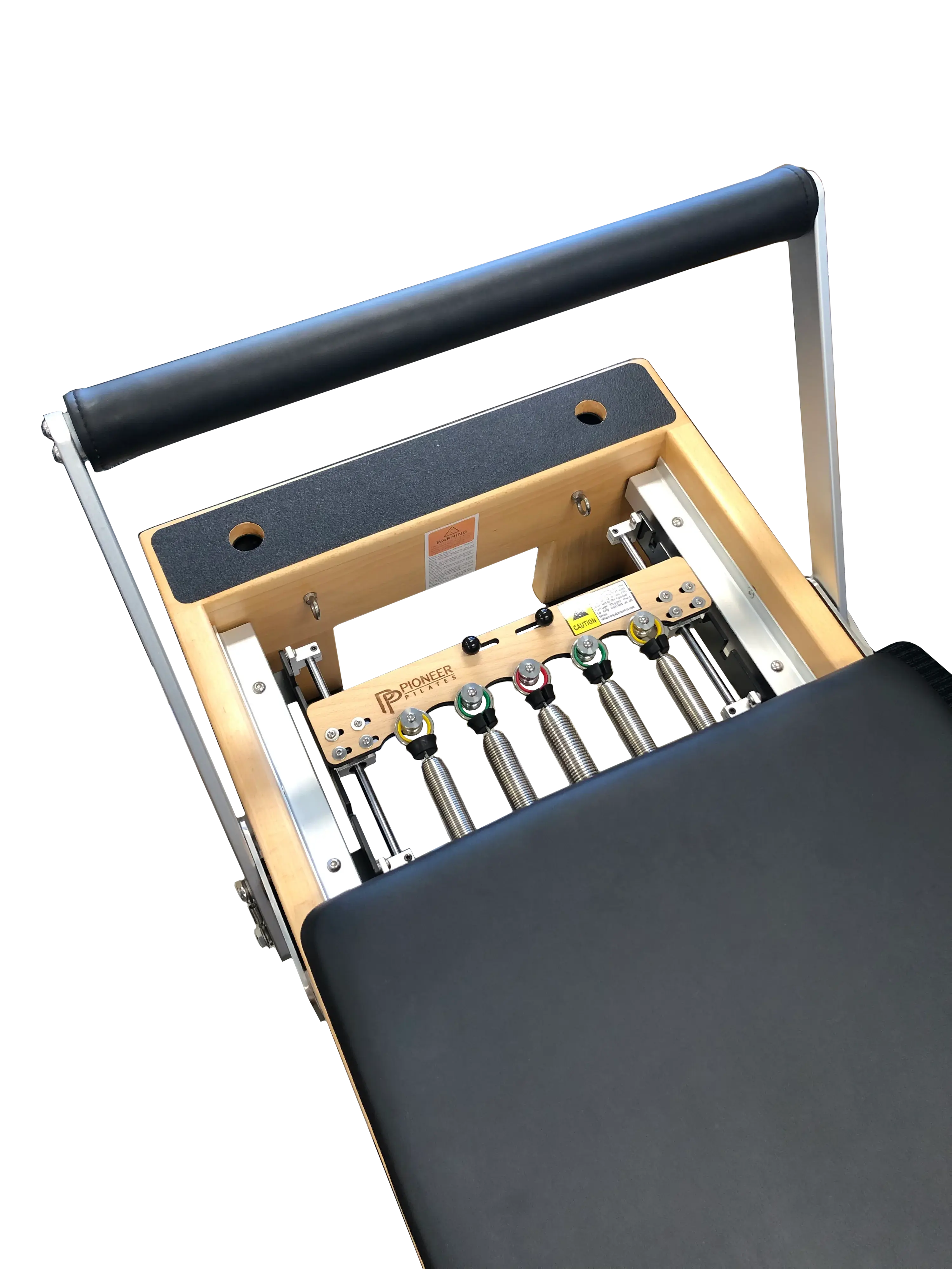 close up of wooden pilates reformer with black upholstery, showing 5 colour coded springs.