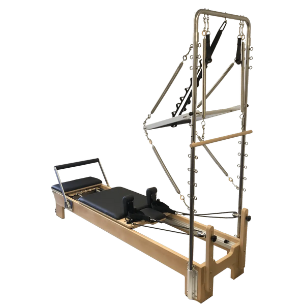 Wooden Reformer Pilates bed with stainless steel half trapeze attachment and black upholstery.