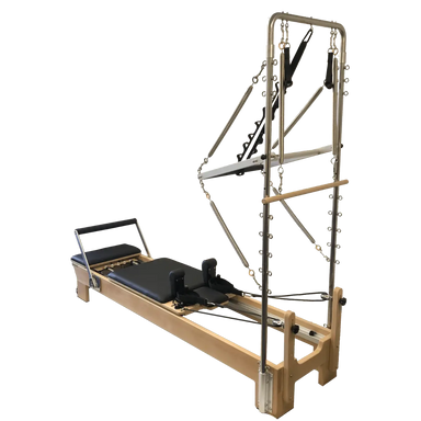 Wooden Reformer Pilates bed with stainless steel half trapeze attachment and black upholstery.