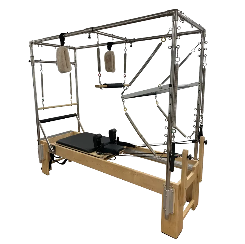 Pilates reformer with full trapeze attached.