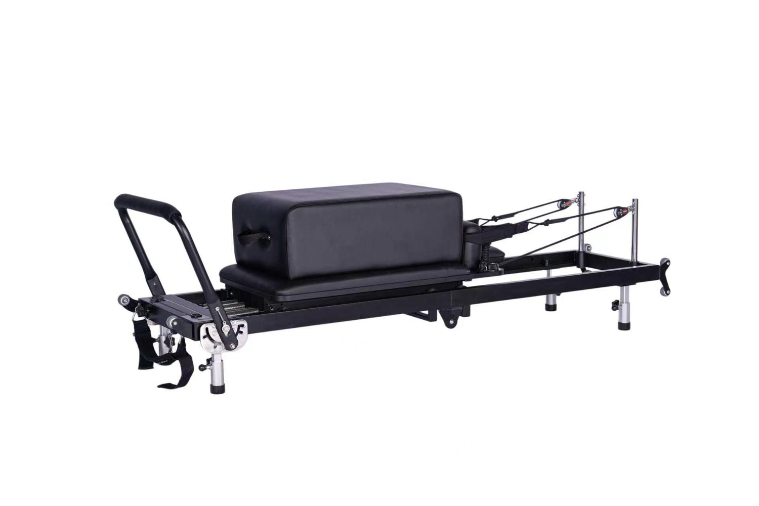 Premium fold lite Pilates reformer machine with black padded carriage and frame, silver metal guide rails, and black handlebar, shown with sitting box (not included) on a plain white background.