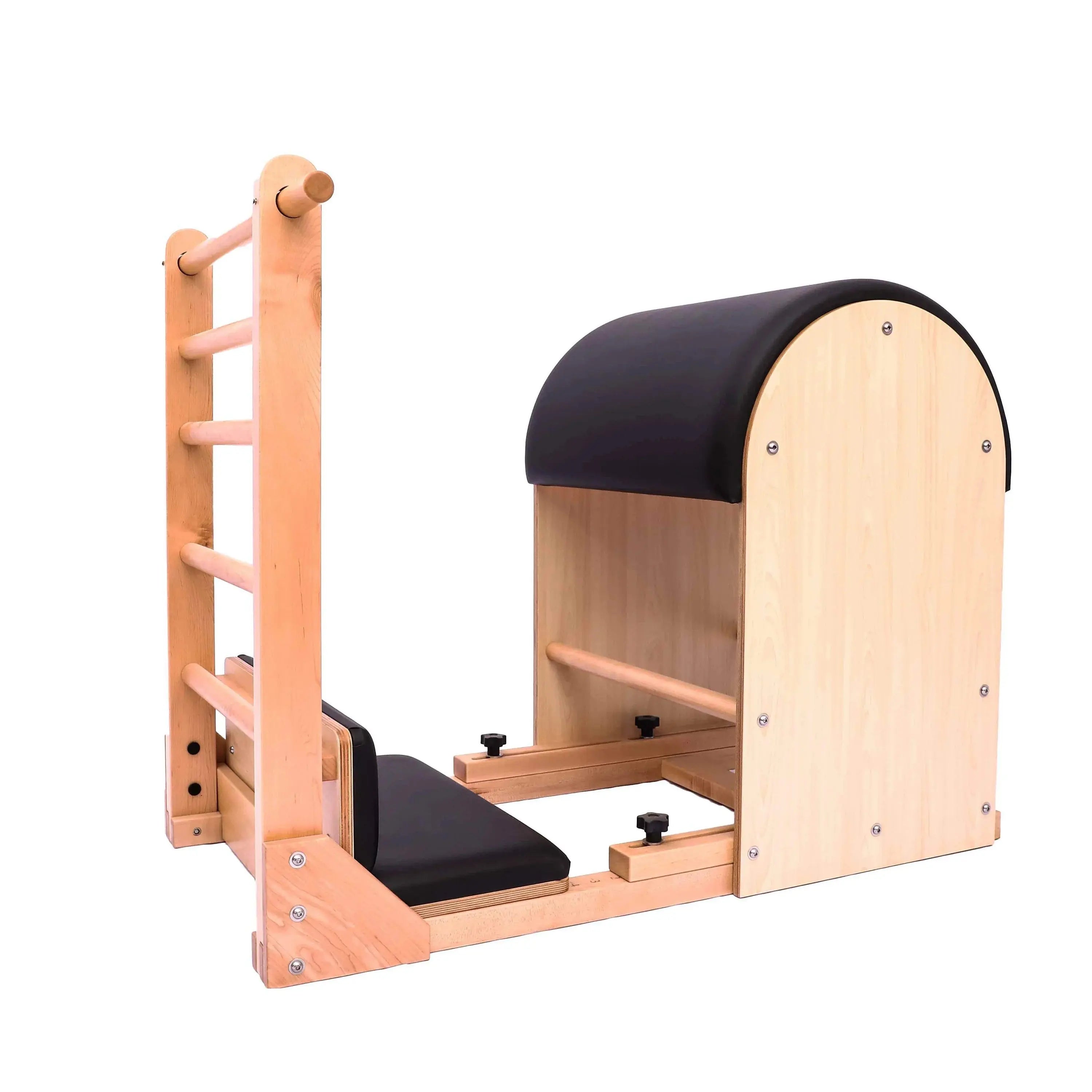 Premium Ladder Barrel view from side with black upholstery and light coloured timber.