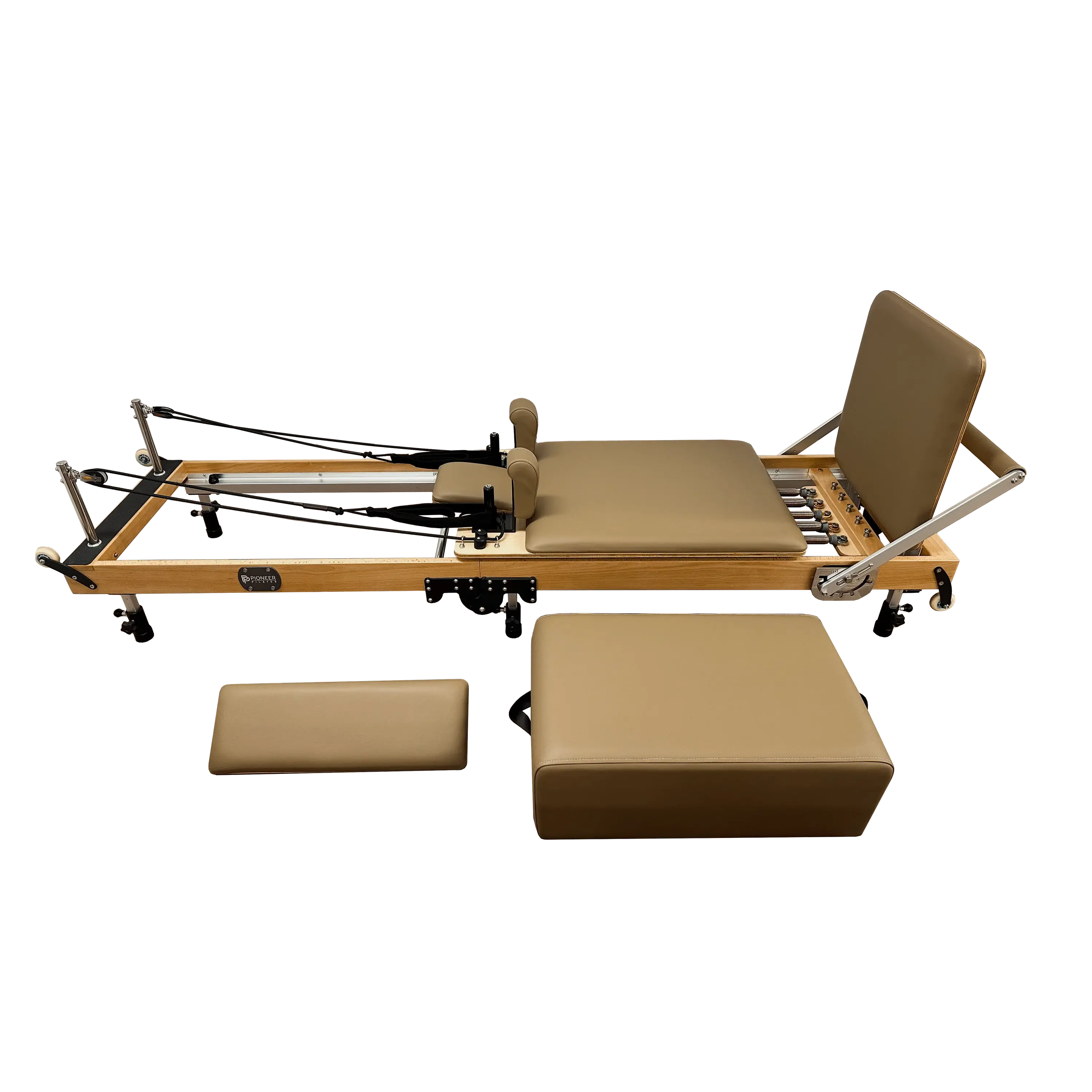 Foldable wooden Pilates reformer machine with sitting box and springboard in a light mocha brown colour.