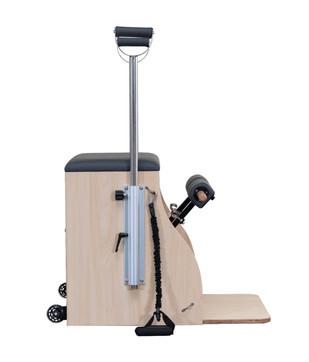 A wooden Pilates Wunda Chair with black upholstery, showing 2 pedals, 2 wheels and 2 handles.