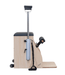 A wooden Pilates Wunda Chair with black upholstery, showing 2 pedals, 2 wheels and 2 handles.