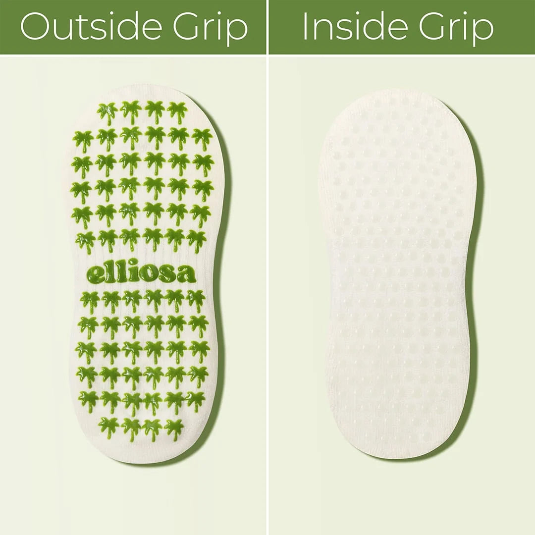 Palm tree shaped grips on the sole of the sock and colourless round grips on the inside of the sock.