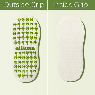 Palm tree shaped grips on the sole of the sock and colourless round grips on the inside of the sock.