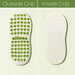 Palm tree shaped grips on the sole of the sock and colourless round grips on the inside of the sock.